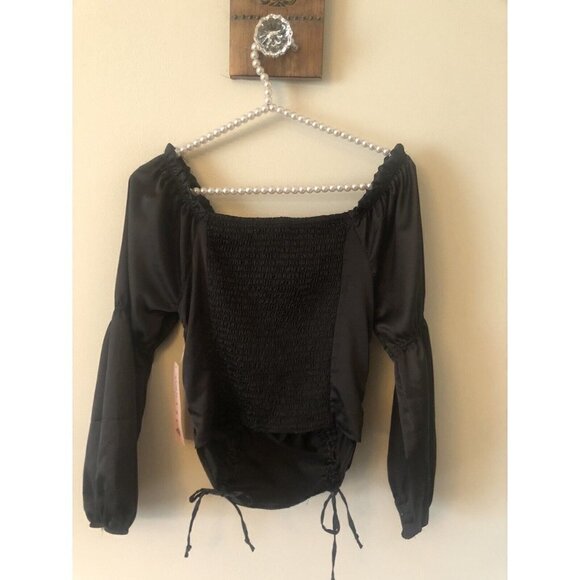 NWT Crave Fame Size M Black Blouse Long Balloon Sleeve Ruching Cropped Boho - Picture 3 of 6